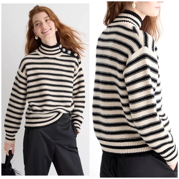 J.CREW Cable-knit mockneck pullover in stripe with jewel buttons BM301 - Picture 2 of 12